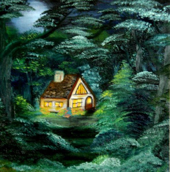 Cottage In the Woods Oil Painting by Silvia Hartmann 2006
